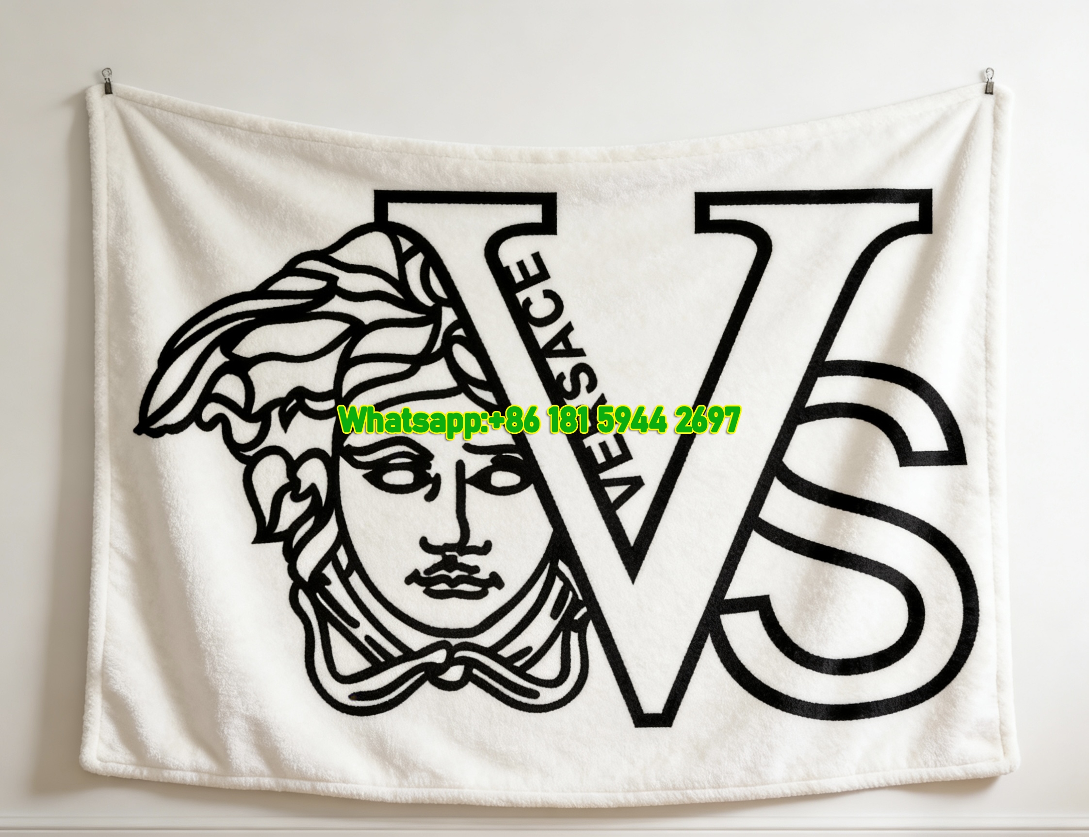 Versace Black White Medusa VS Logo Print Flannel Sofa Throw Blanket IMG_1312